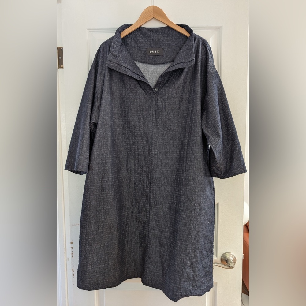 Ozai N Ku denim mandarin collar textured shirt dress navy blue size 2XL